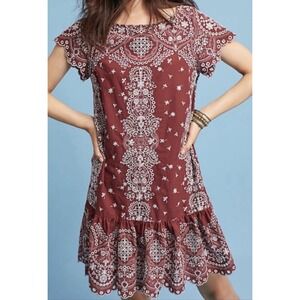 Anthropologie FEATHER BONE Ynez Burgundy Eyelet Cotton s/s‎ Dress Ruffle - S